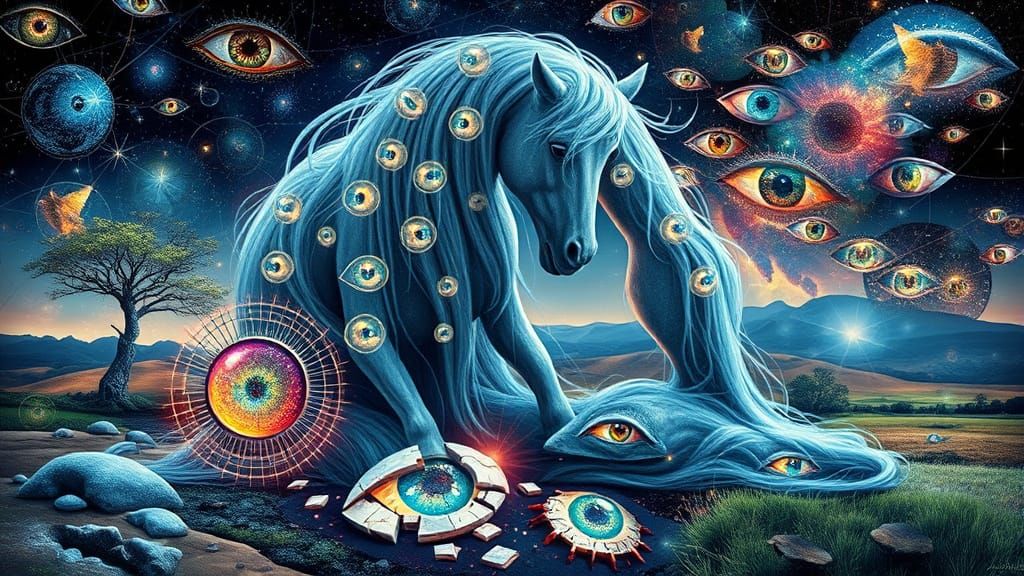 Surreal Digital Collage of Glowing Creatures and Horses in B...