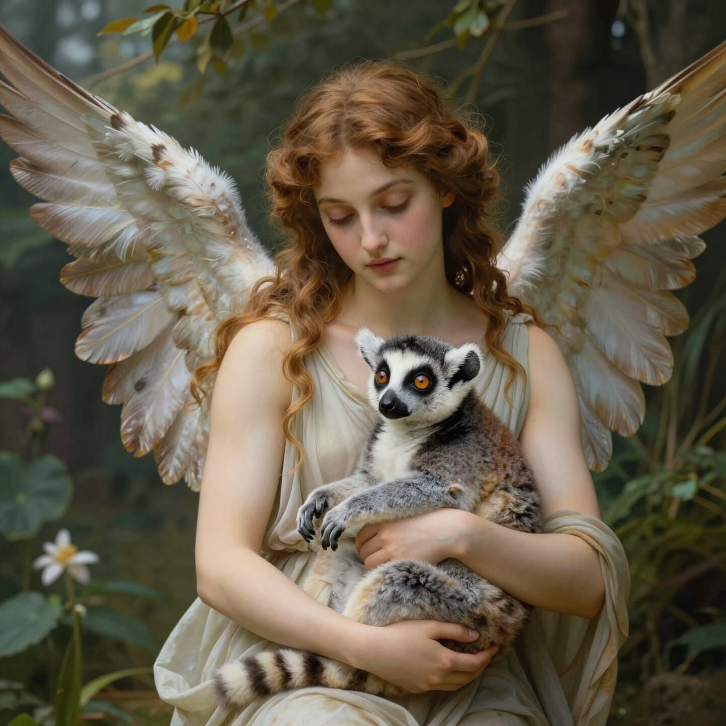 Angel and Lemur in Dreamlike Garden