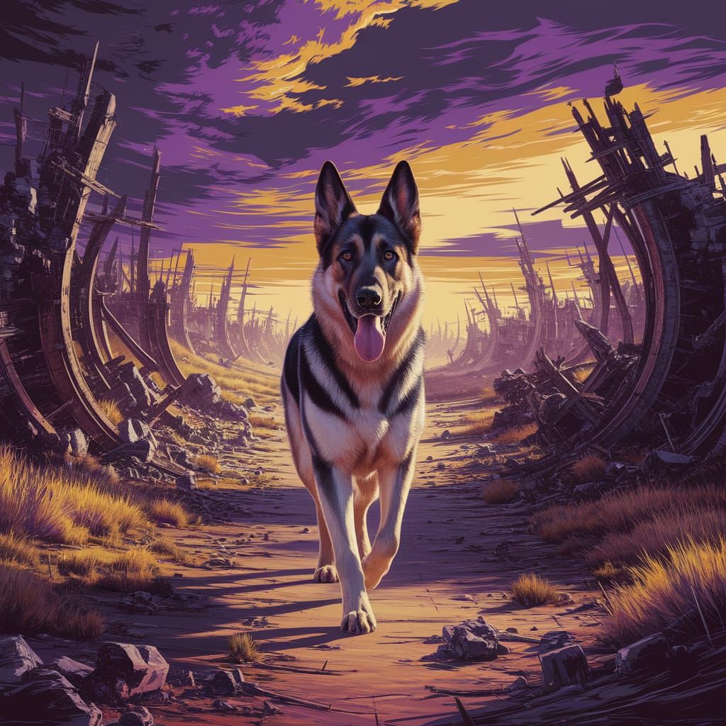 German Shepherd in War-Torn Landscape