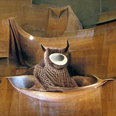 Cowl-Wearing Owl Comfortably Seated in a Bowl