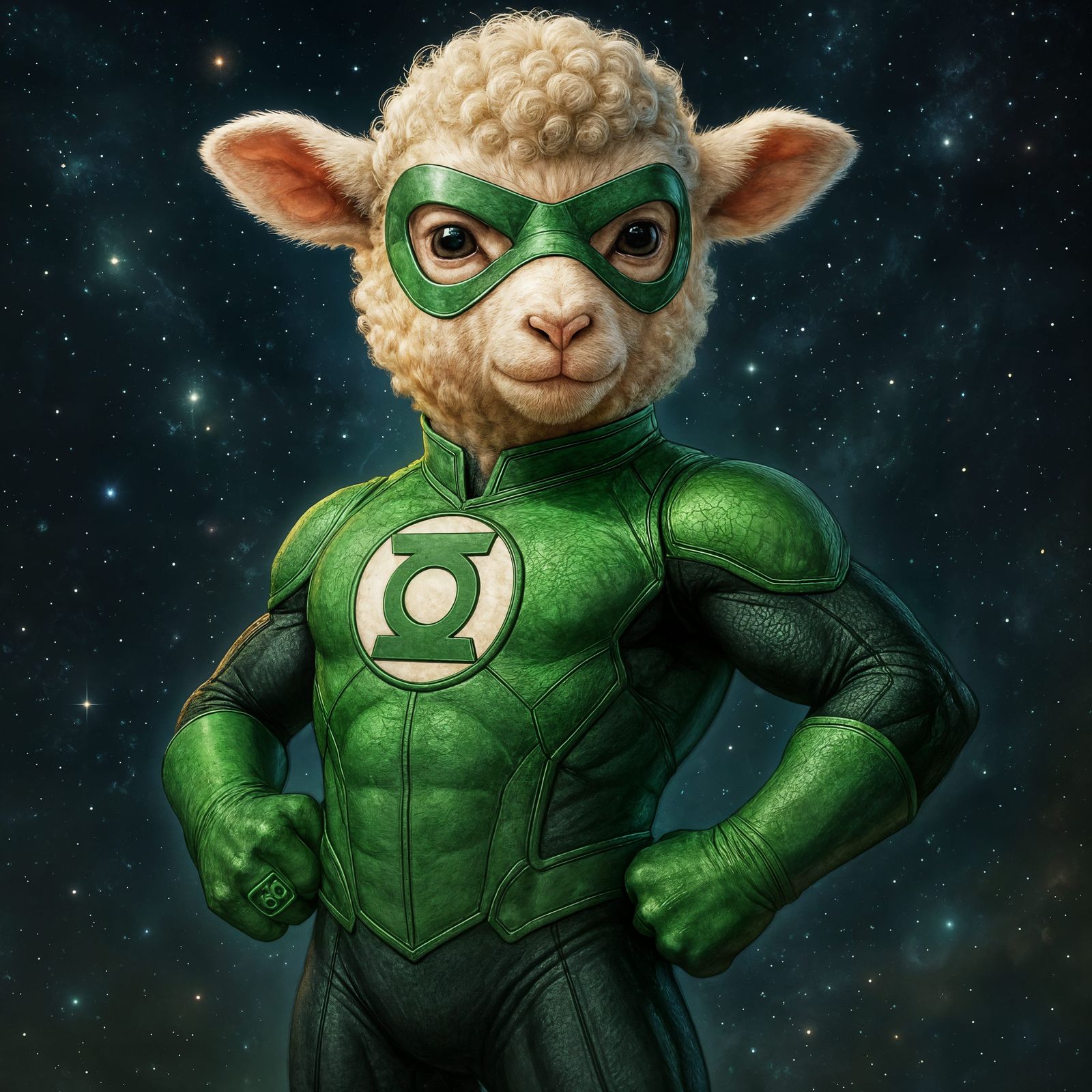 Confident Green Lantern Lamb Superhero in Space