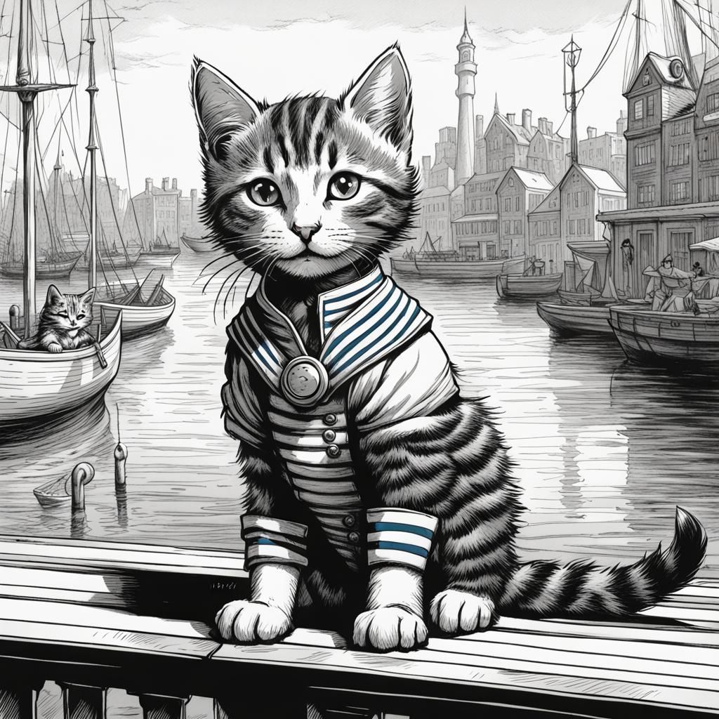 Tabby Kitten in Sailor Suit: Tenniel-Style Drawing
