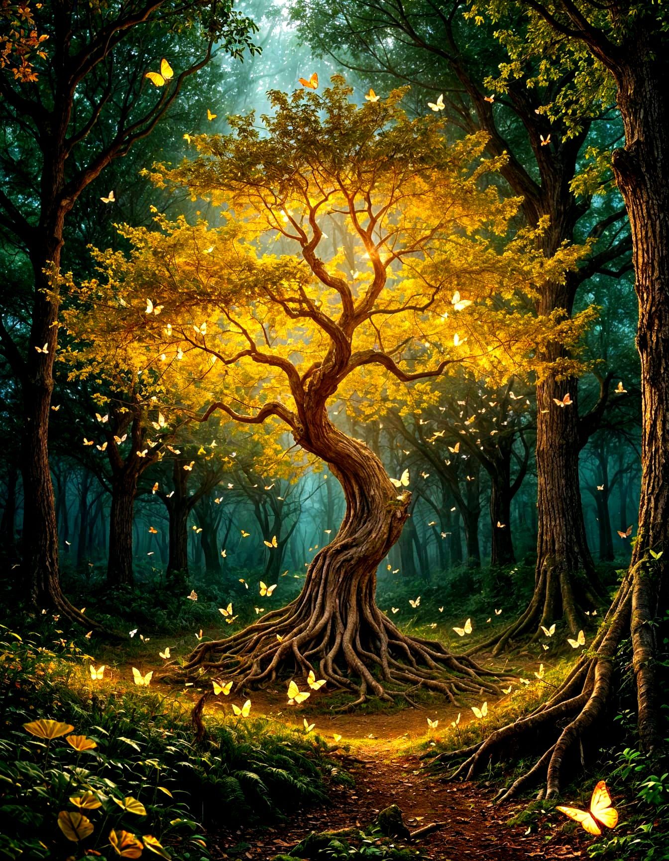 Surreal Golden Tree Radiates Celestial Glow in Enchanted Lan...