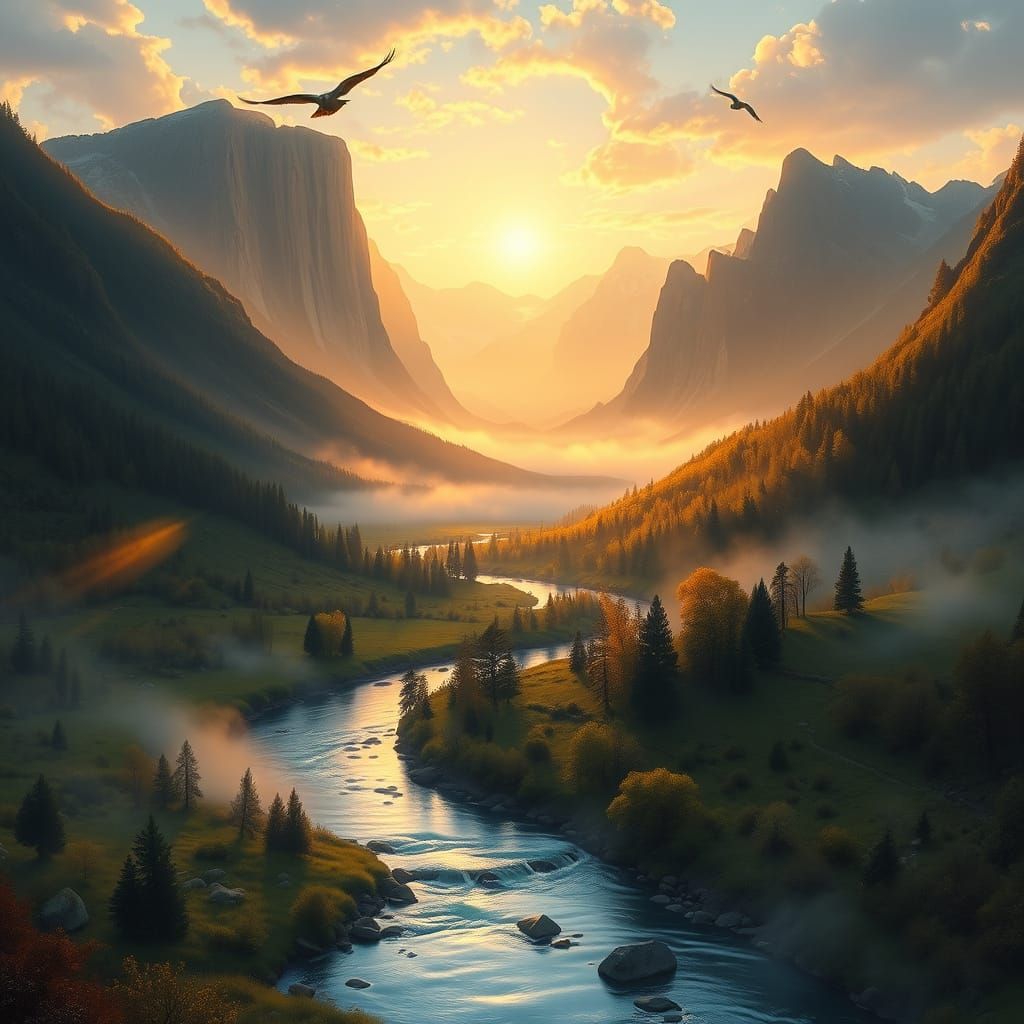 Lush Valley Landscape with Winding River