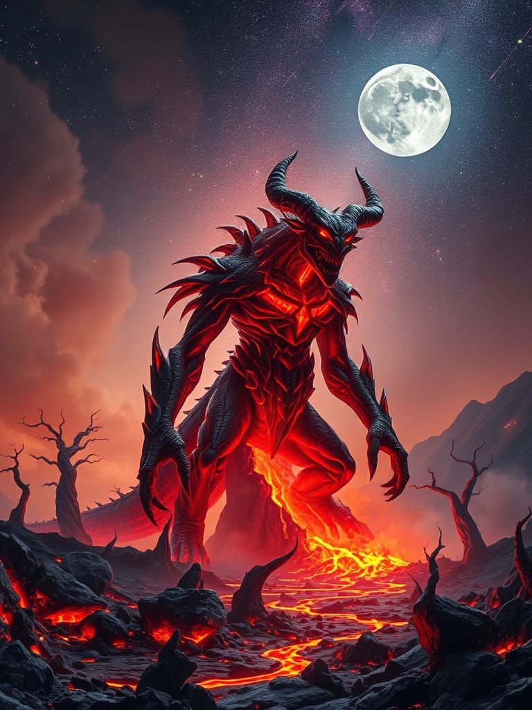 Cyberpunk Demon Lord in Volcanic Eruption