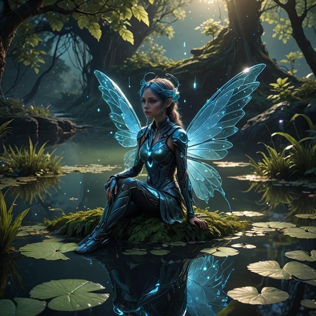 Cyber Fairy Contemplation by Pond, Detailed Matte Painting