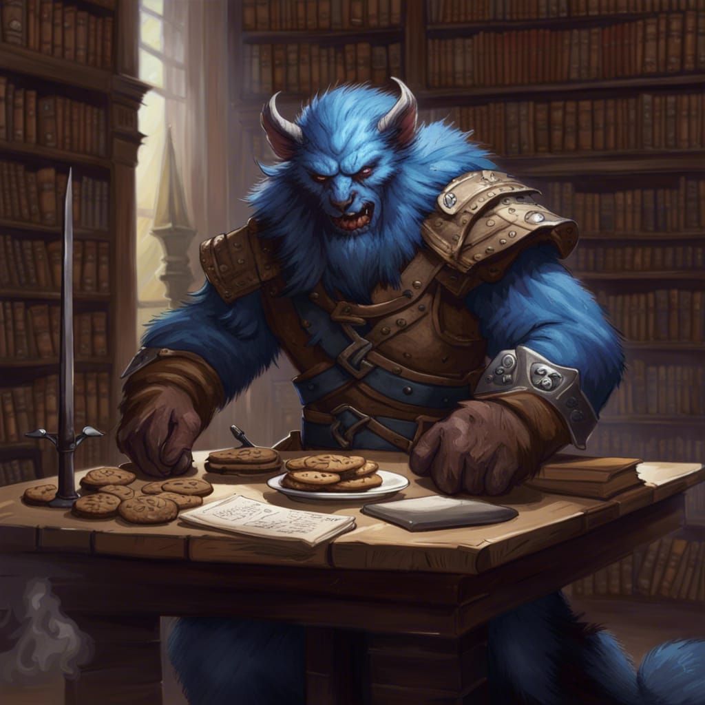 Friendly Blue Bugbear Historian with Cookies