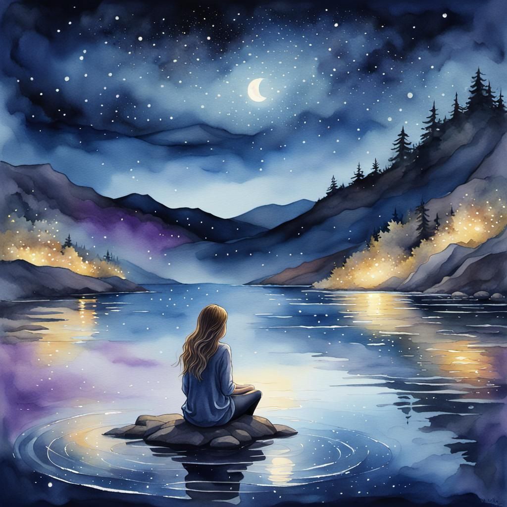 Fantasy Girl Watching Starfall: Watercolor Illustration