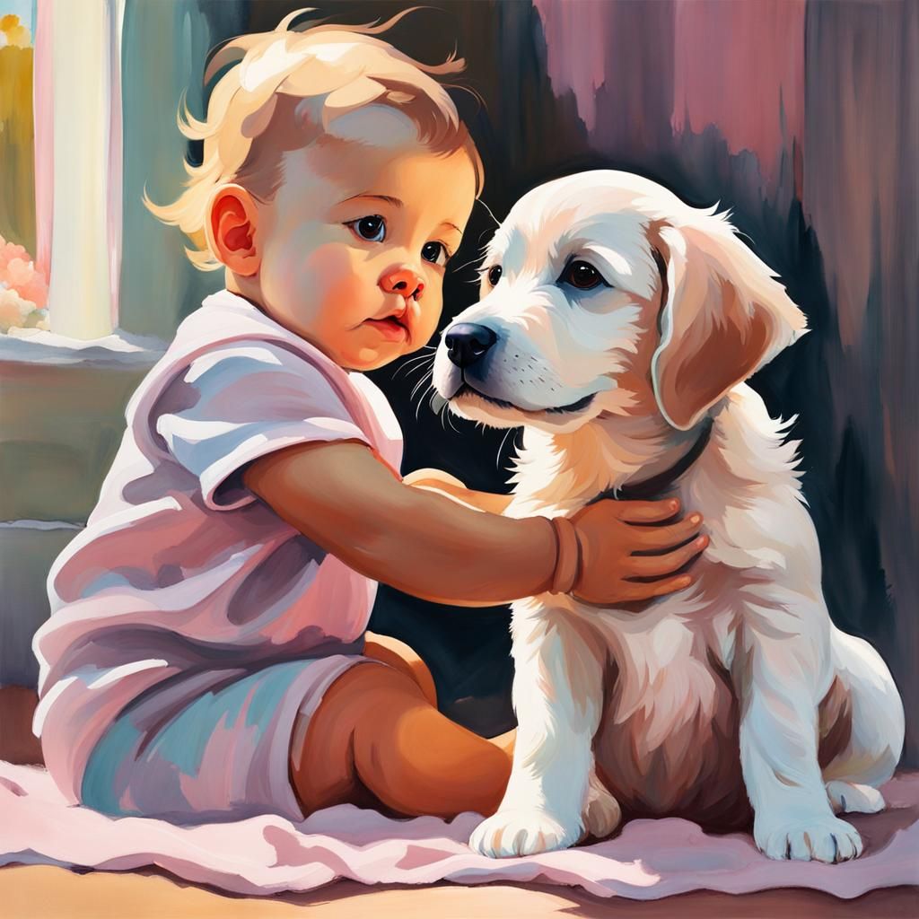 Baby and Puppy Dreamy Illustration in Gouache Style