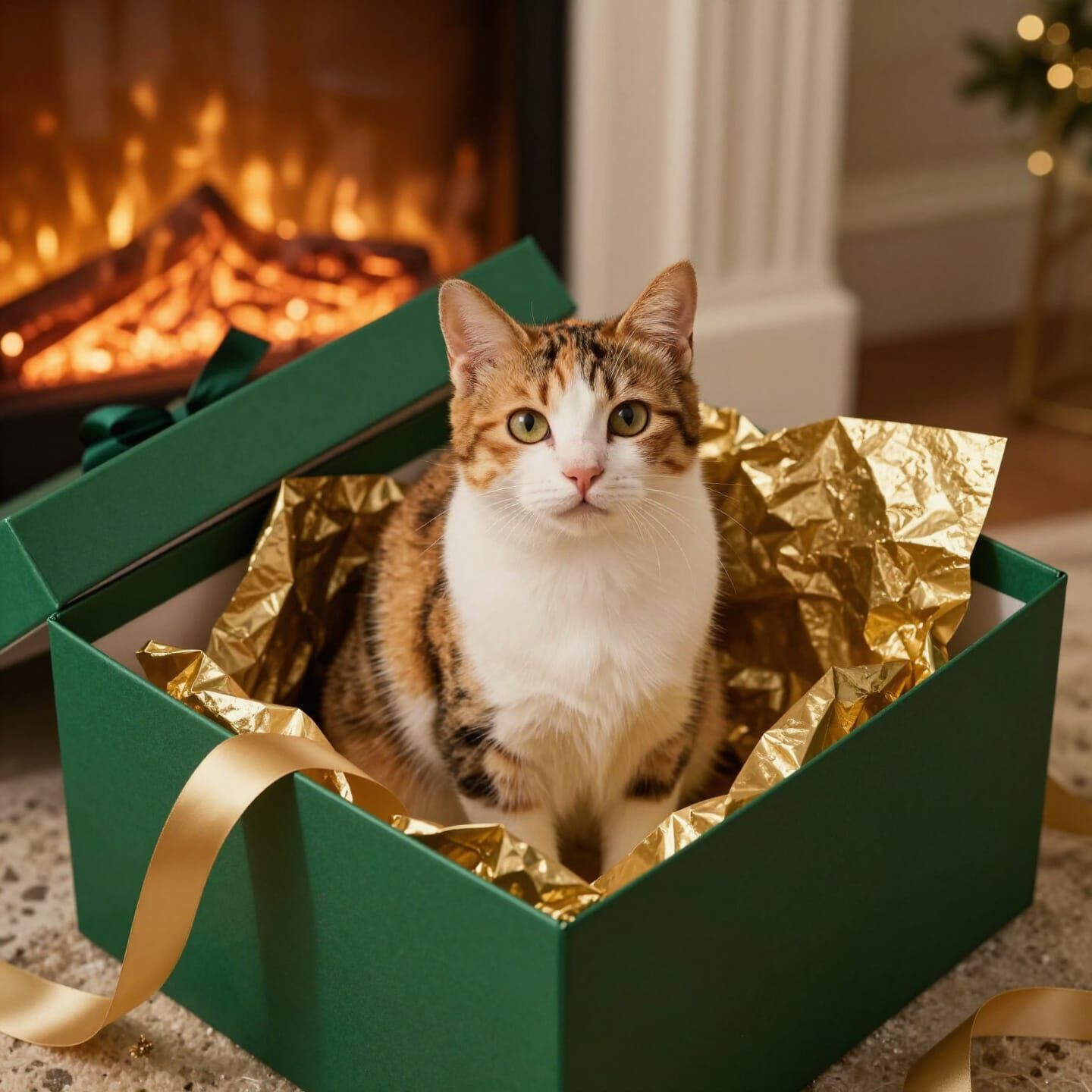 Calico Cat in Emerald Gift Box, Golden Hour Light