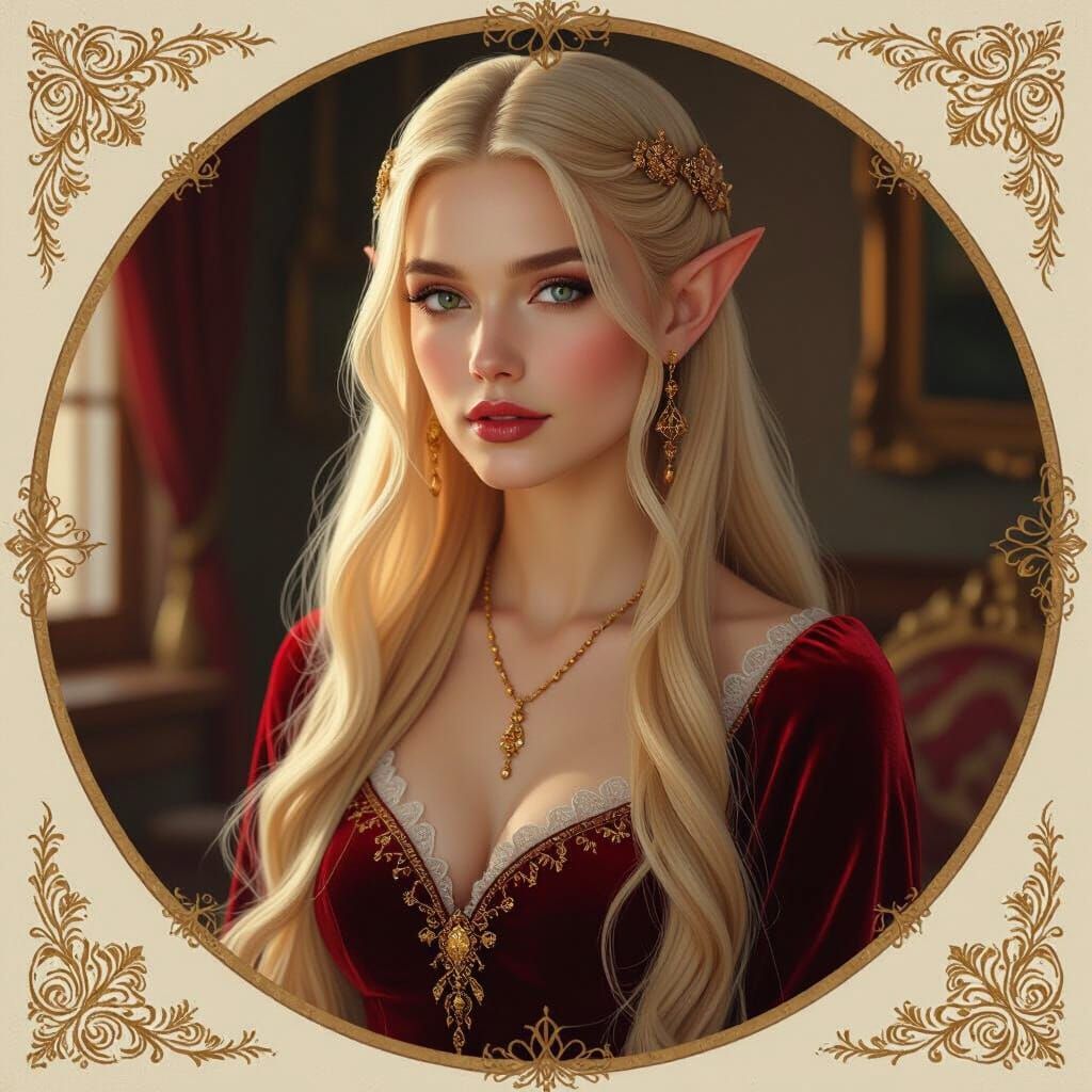 Elven Sorceress in Velvet Red Dress, Hyper-Realistic Portrai...