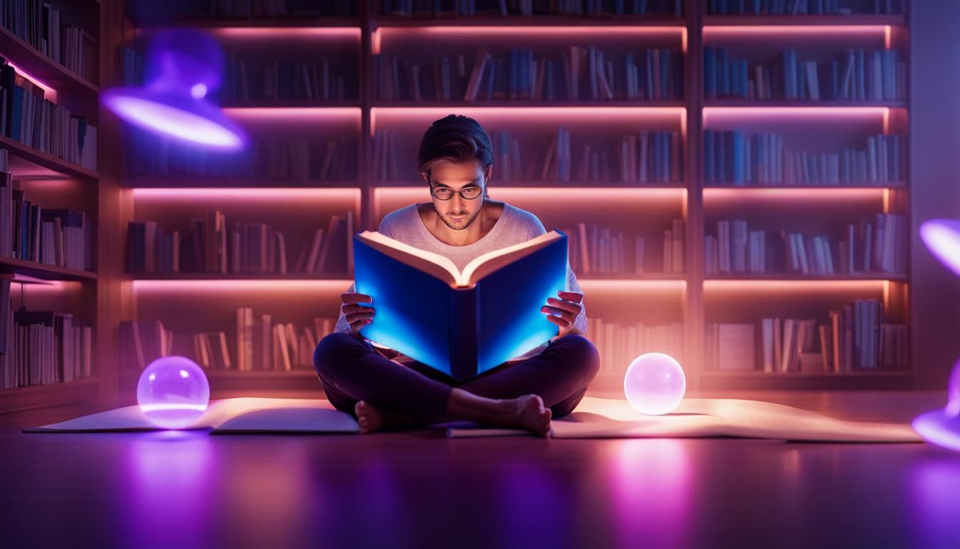 Anti-Gravity Book Floats in Library, Vivid Digital Art