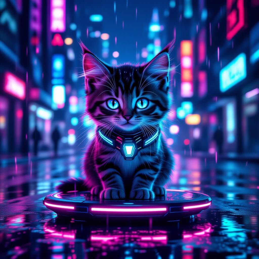 Cyberpunk Kitten on Hover Platform in Neon City