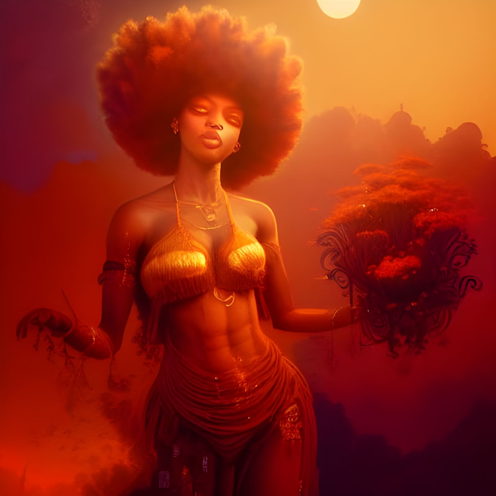 Goddess with Flower Afro in Golden Hour Light