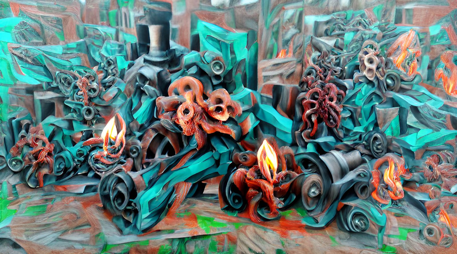 Verdigris Flames Engulfing Metallic Machinery