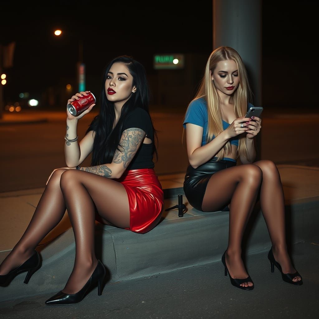 Stylish Women in Dim Cityscape, Gritty Film Noir