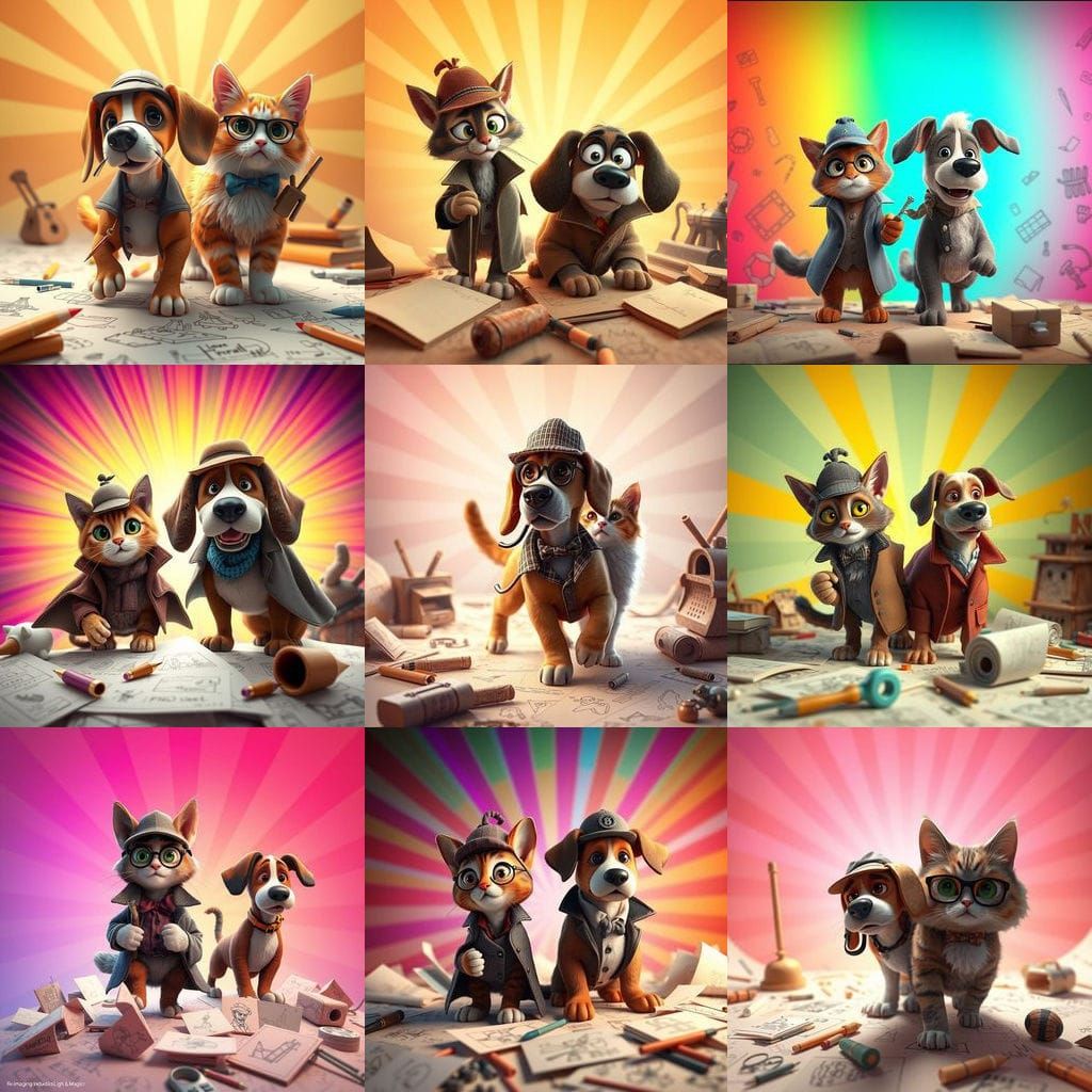 Cat and Dog as Sherlock Holmes and Watson Explore in 3D Art