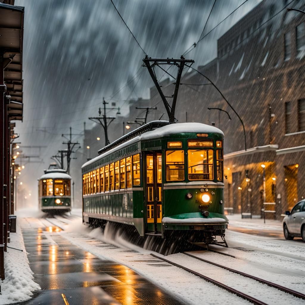 Streetcar Navigates Stormy City Streets