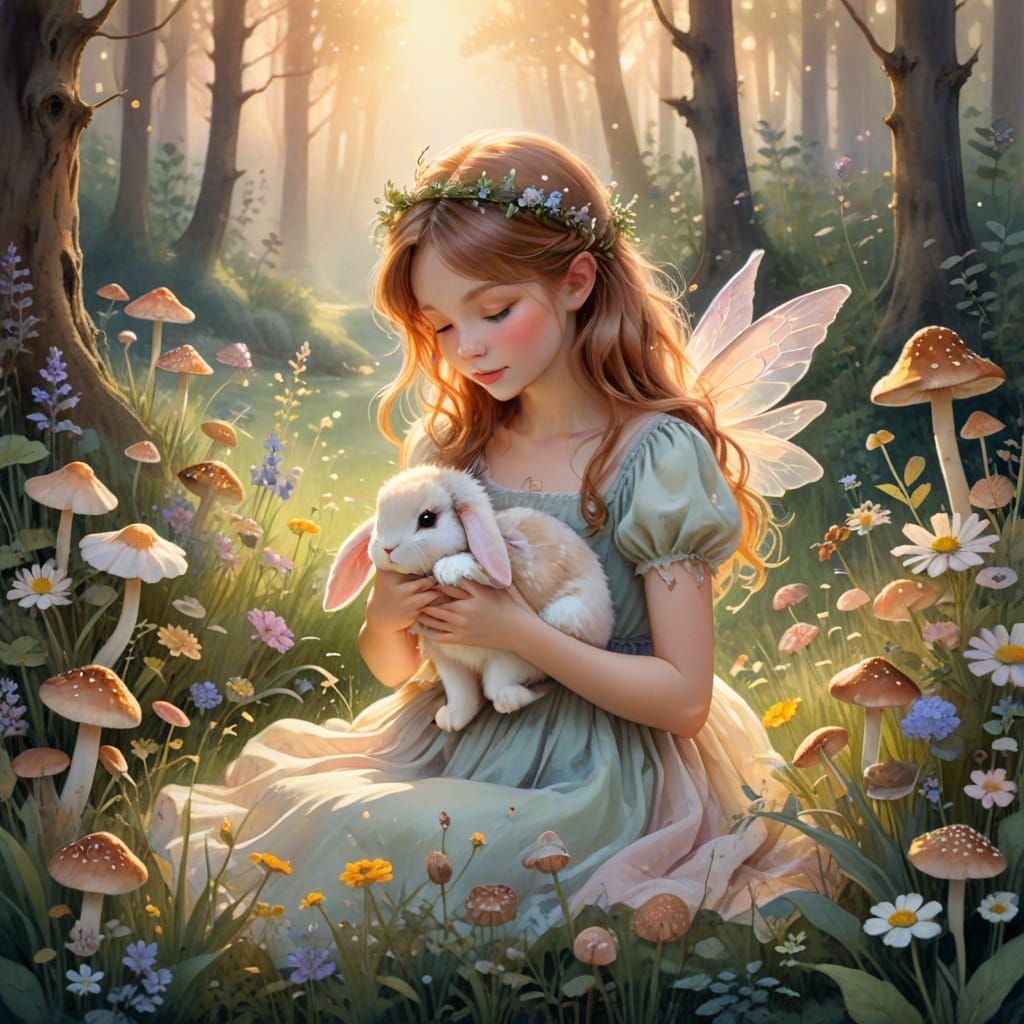 Fairy Cuddling Bunny in Magical Forest Watercolor