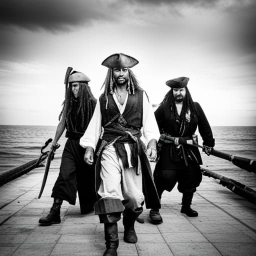 Pirate Gang Led by Jack Sparrow in Monochrome