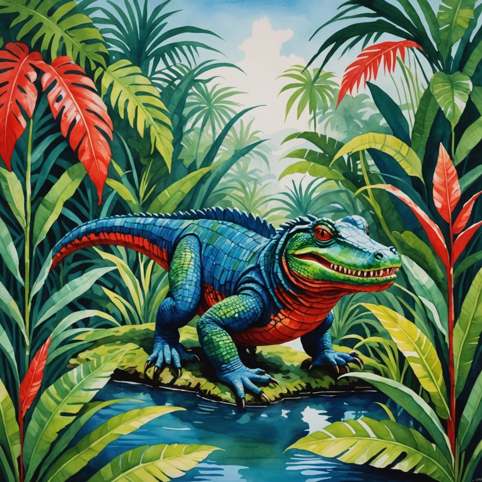 Colorful Crocodile in Jungle River, Gouache Style