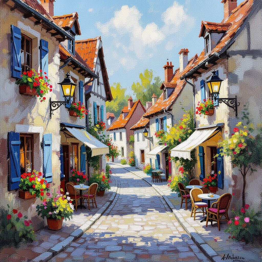 Charming European Village Street: Impasto Charcoal Drawing