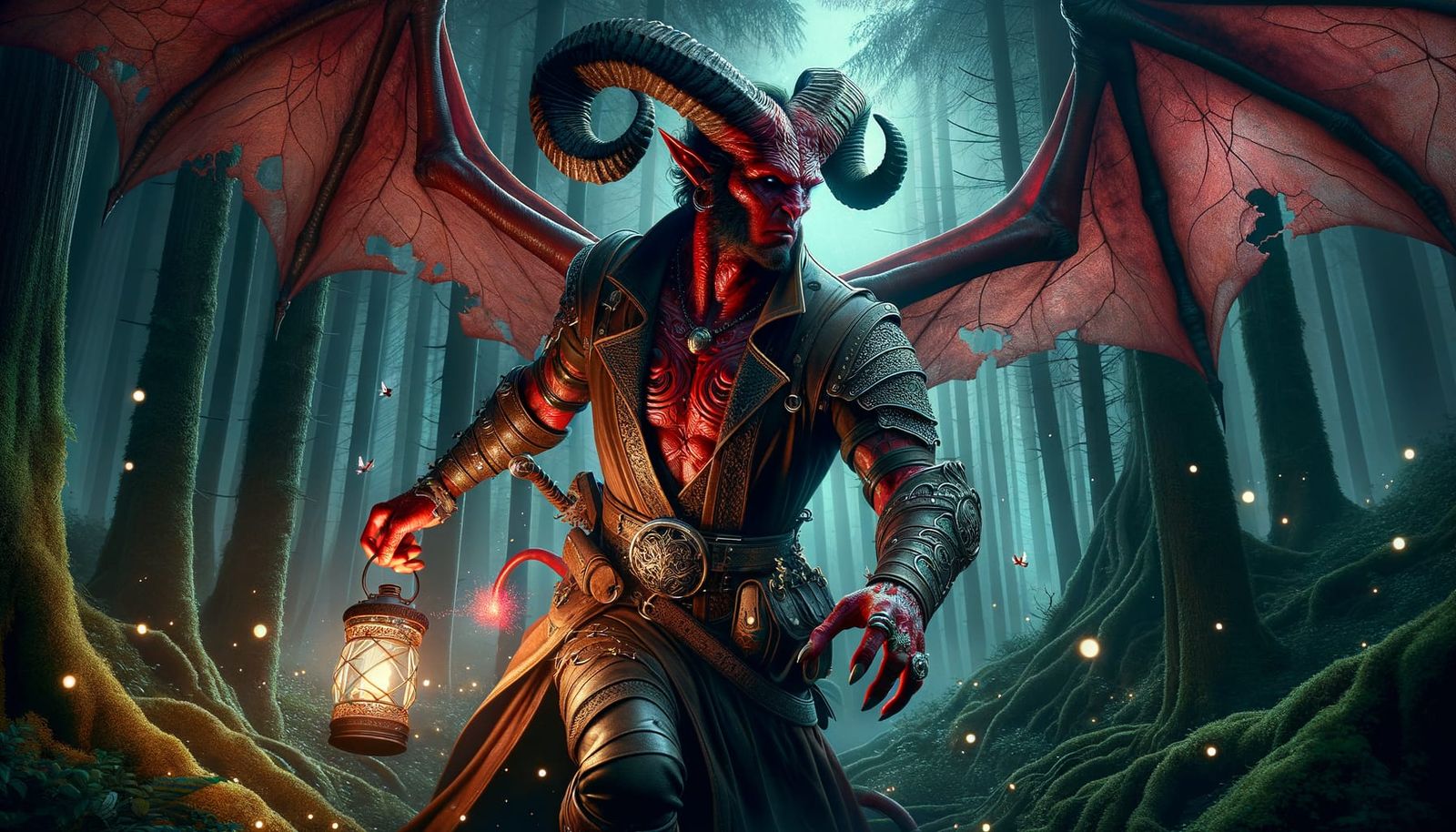 Red-Skinned Tiefling Adventurer with Bull Horns in Dark Fore...