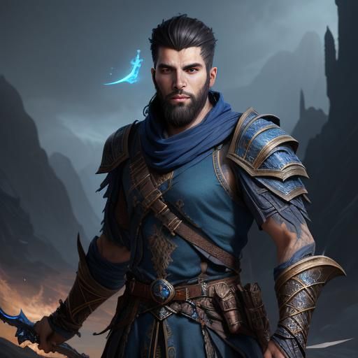 Blue Fantasy Adventurer with Scar: Detailed Matte Painting