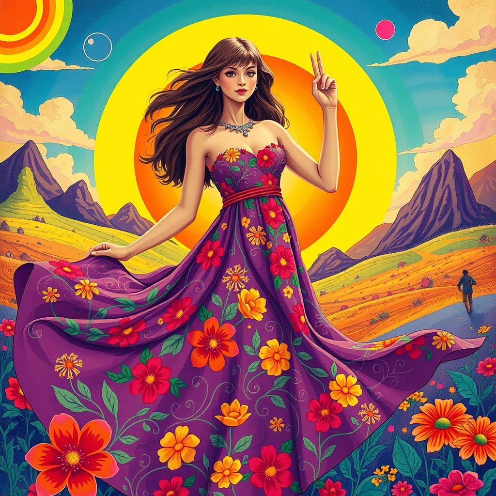 Peaceful 1970s Goddess in Vibrant Colors