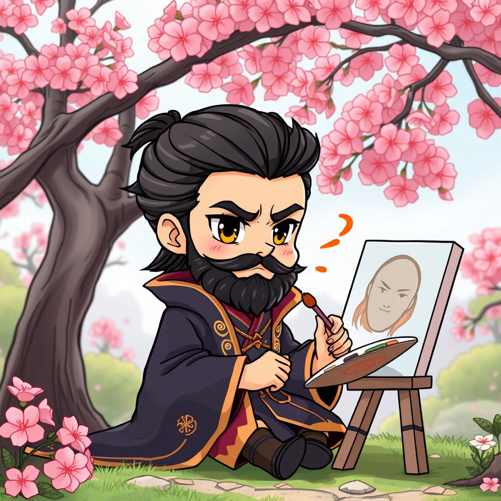 Chibi Fire Wizard Painting Self-Portrait Manga Style