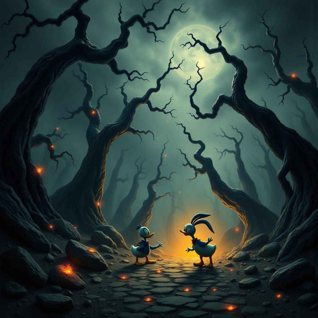 Dark Surrealism: Donald Duck and Bugs Bunny Engage in Twiste...