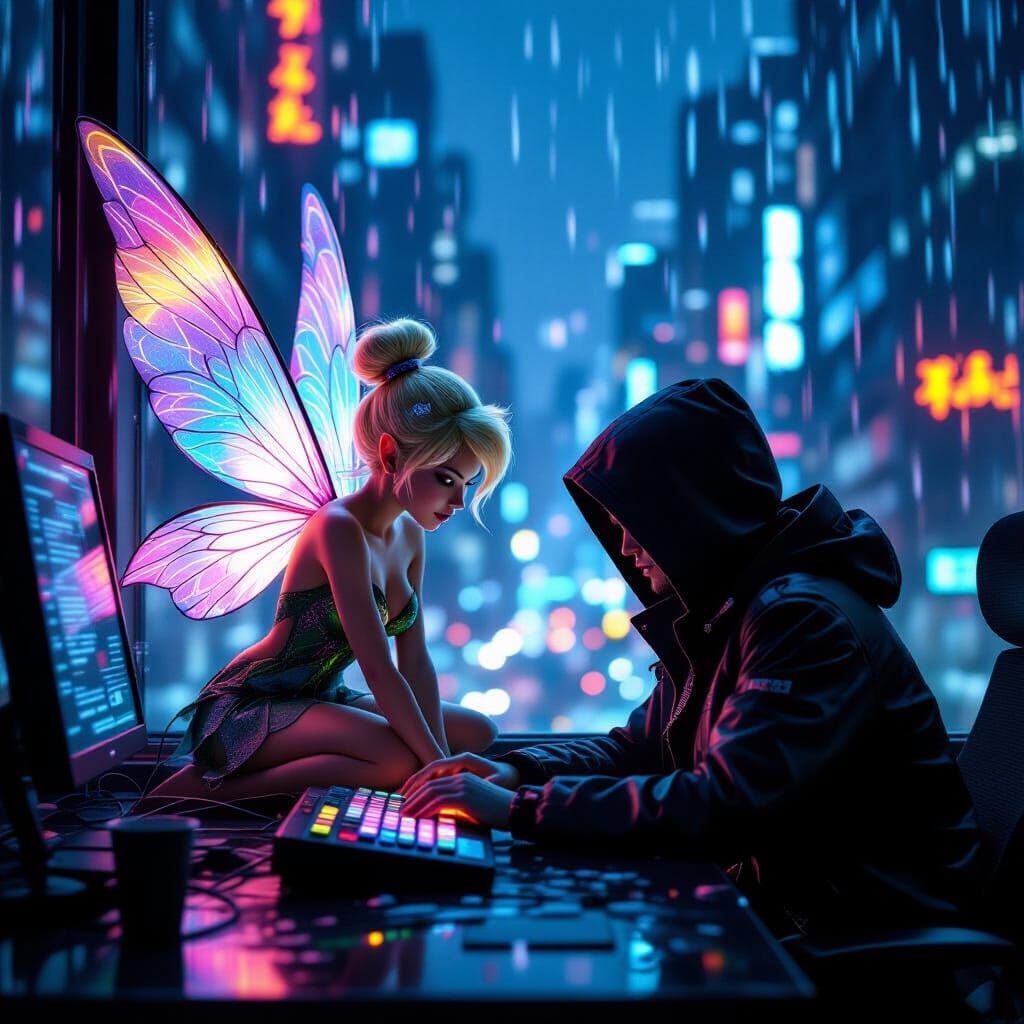 Cyberpunk Pixie Meets Hacker in Neon Cityscape