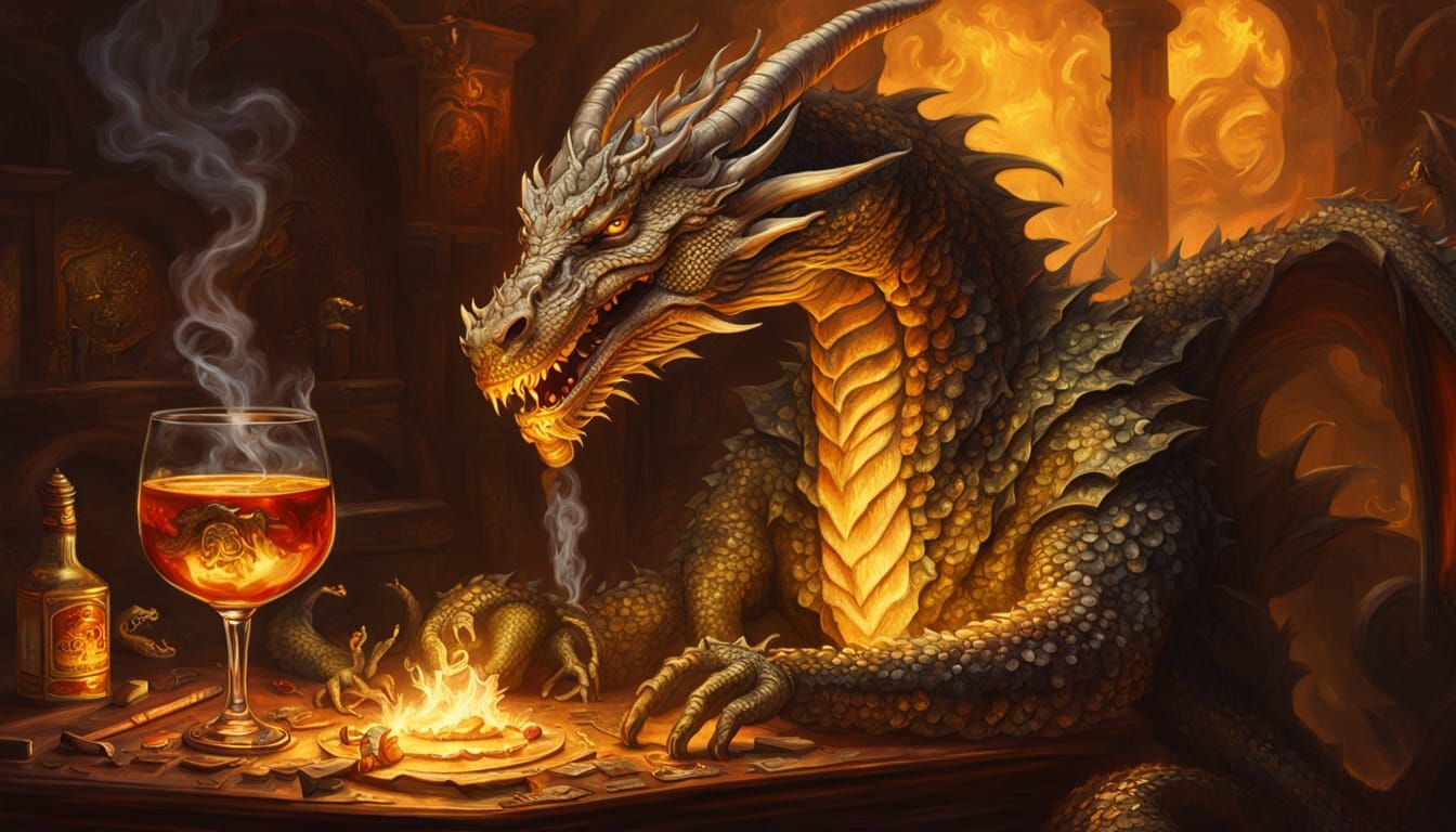 Dragon Sipping Drink on Gold Treasure Hoard