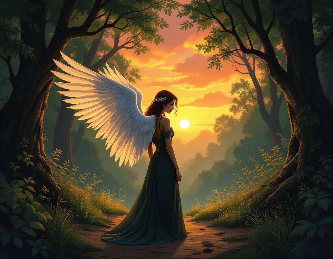 Ethereal Woman in Forest at Sunset