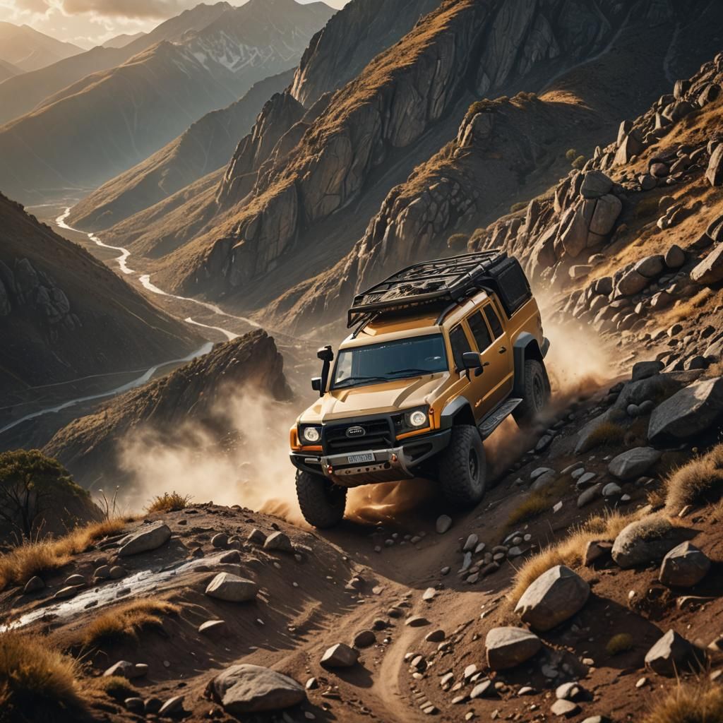 Off-Road Vehicle Climbs Mountain in Golden Hour