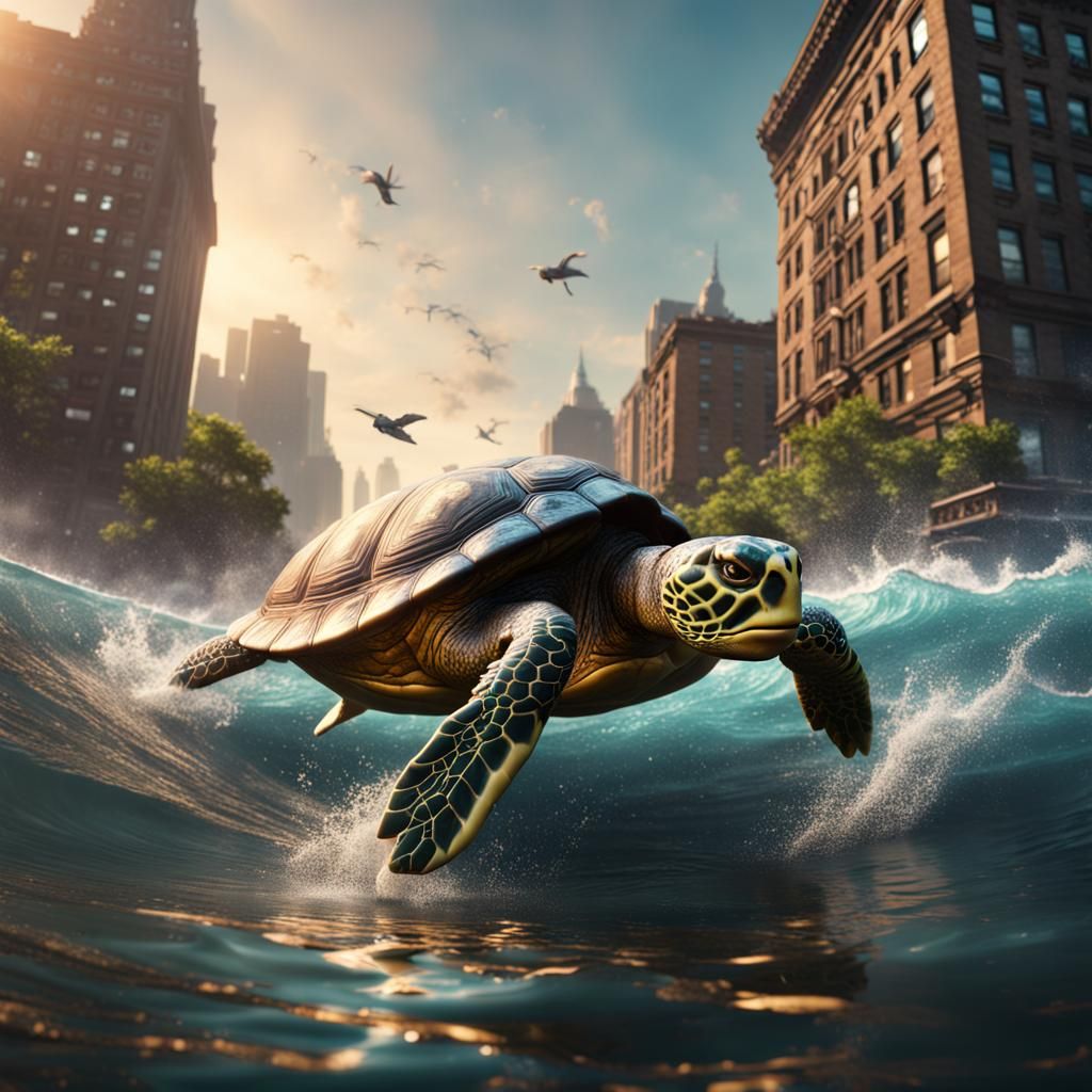 Turtle Surfing in New York: Detailed Matte Painting