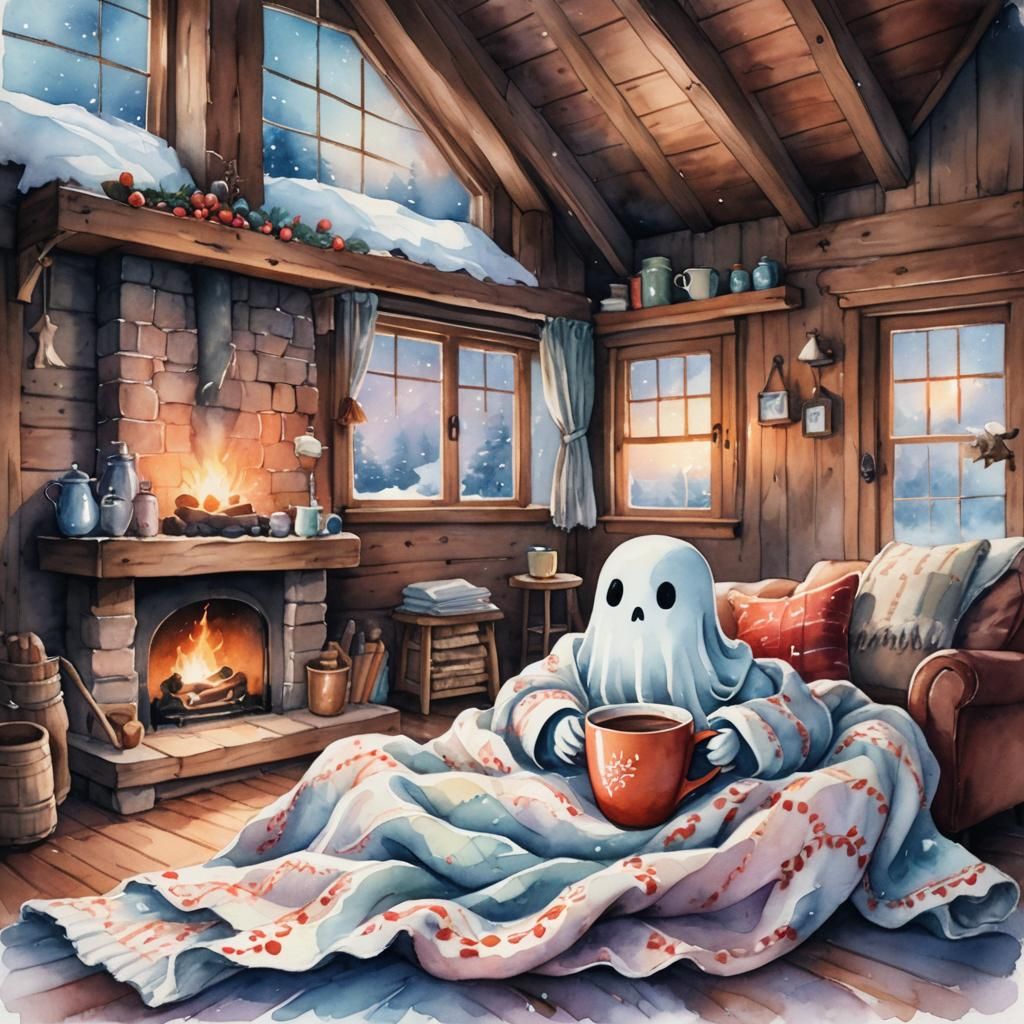 Cozy Ghost Enjoying Cocoa: Whimsical Watercolor Illustration