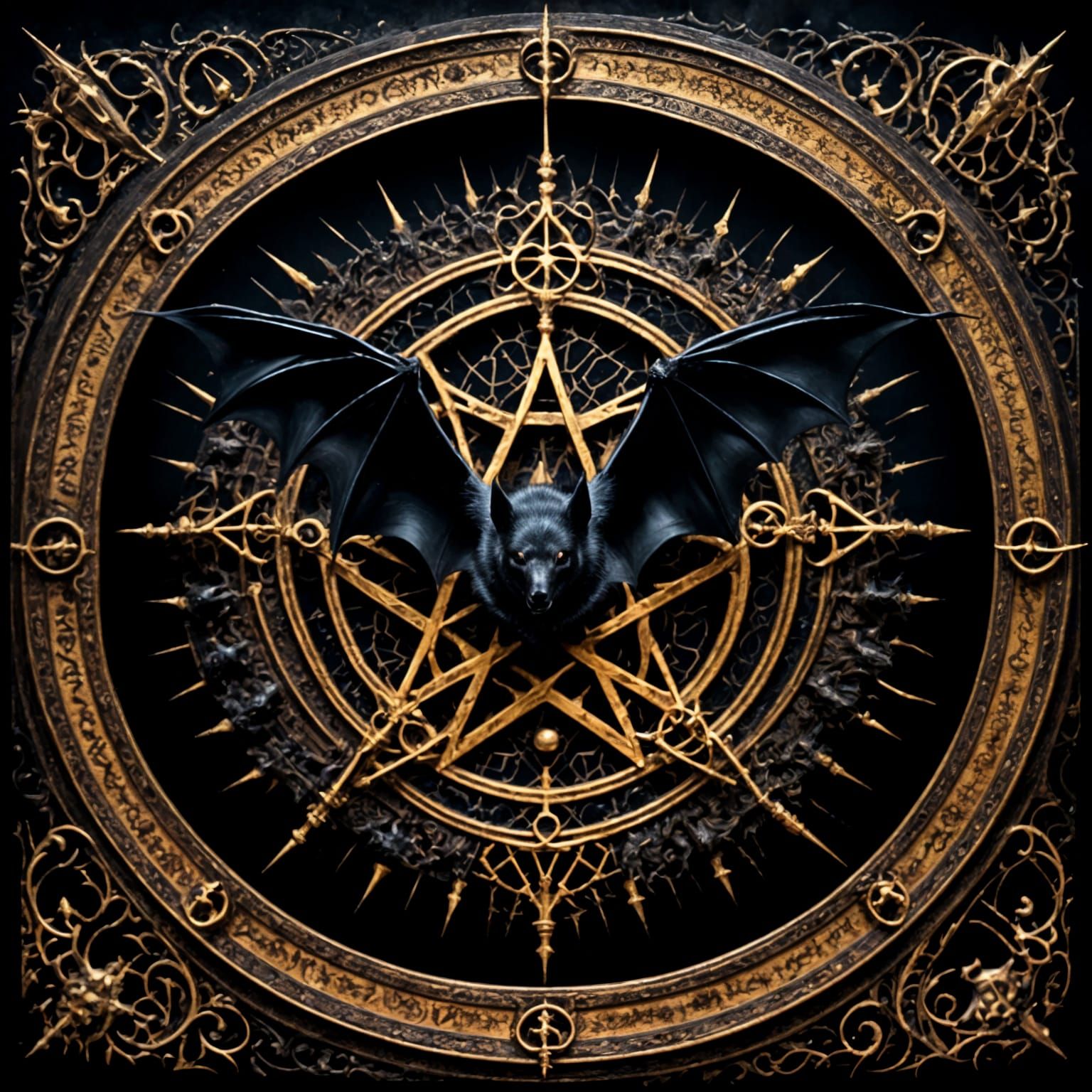 Intense Black Bat in Ritual Pentacle Mandala