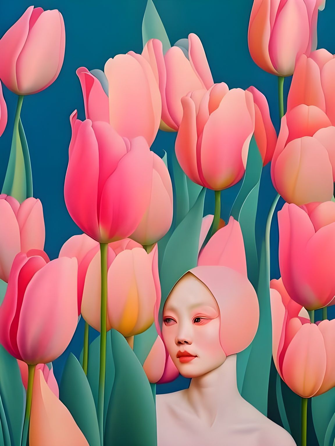 Beautiful Woman with Tulips as Oil Painting