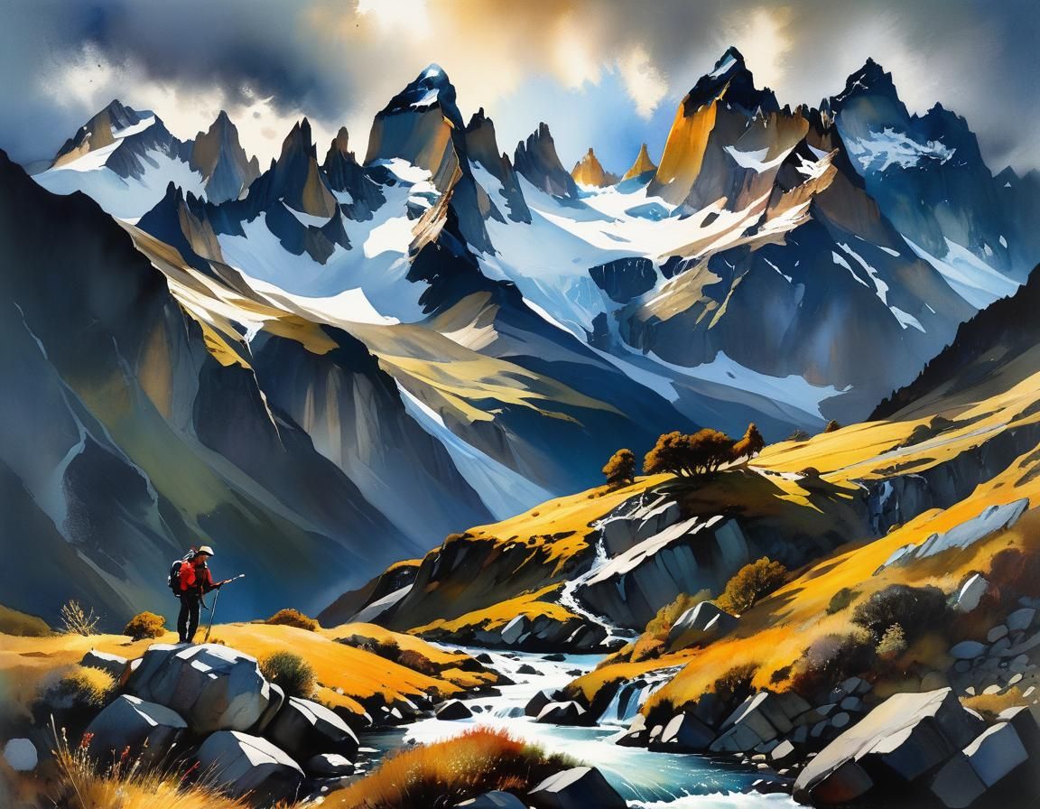 Patagonian Mountain Landscape at Sunset: Watercolor Art