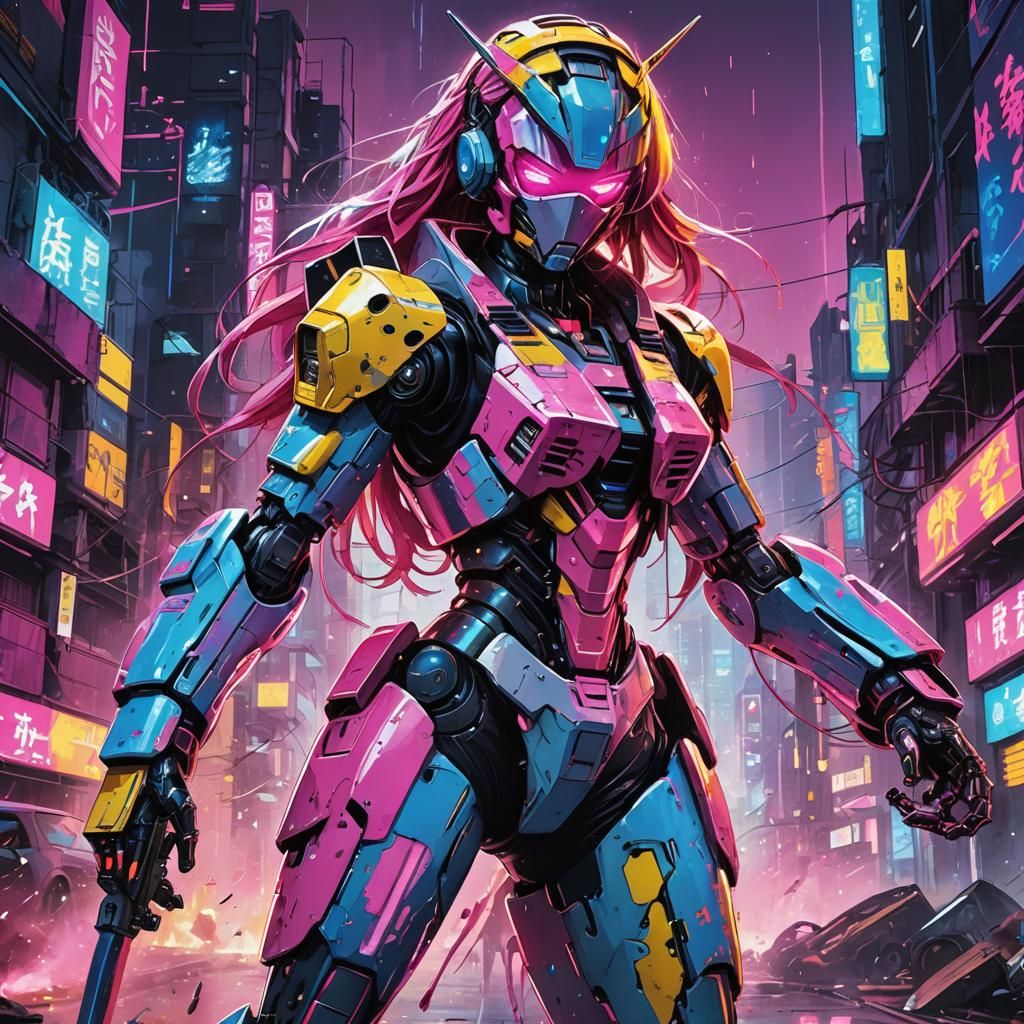 Anime Girl vs Robot in Cyberpunk Action Poster