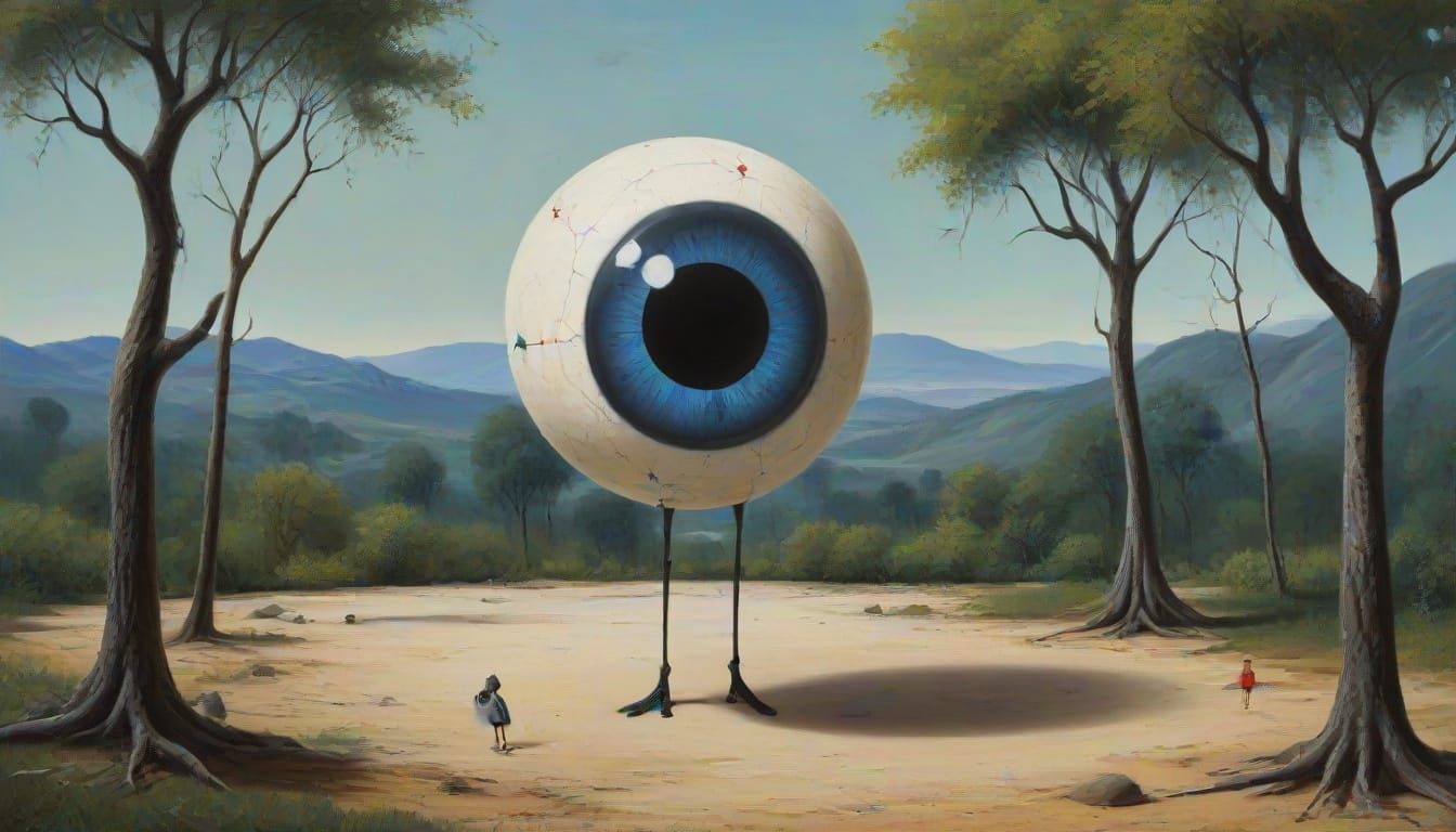 Surreal Eyeball Creature with Child in Gouache Style