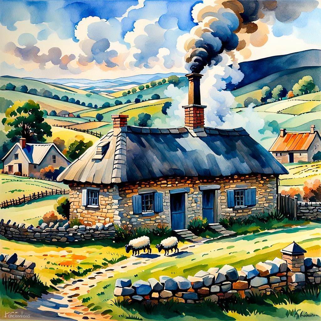 Idyllic Countryside Cottage in Impressionist Gouache Style