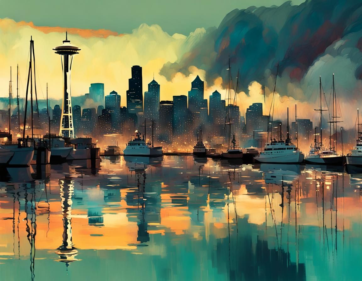 Dieselpunk Seattle Skyline at Twilight, Digital Illustration