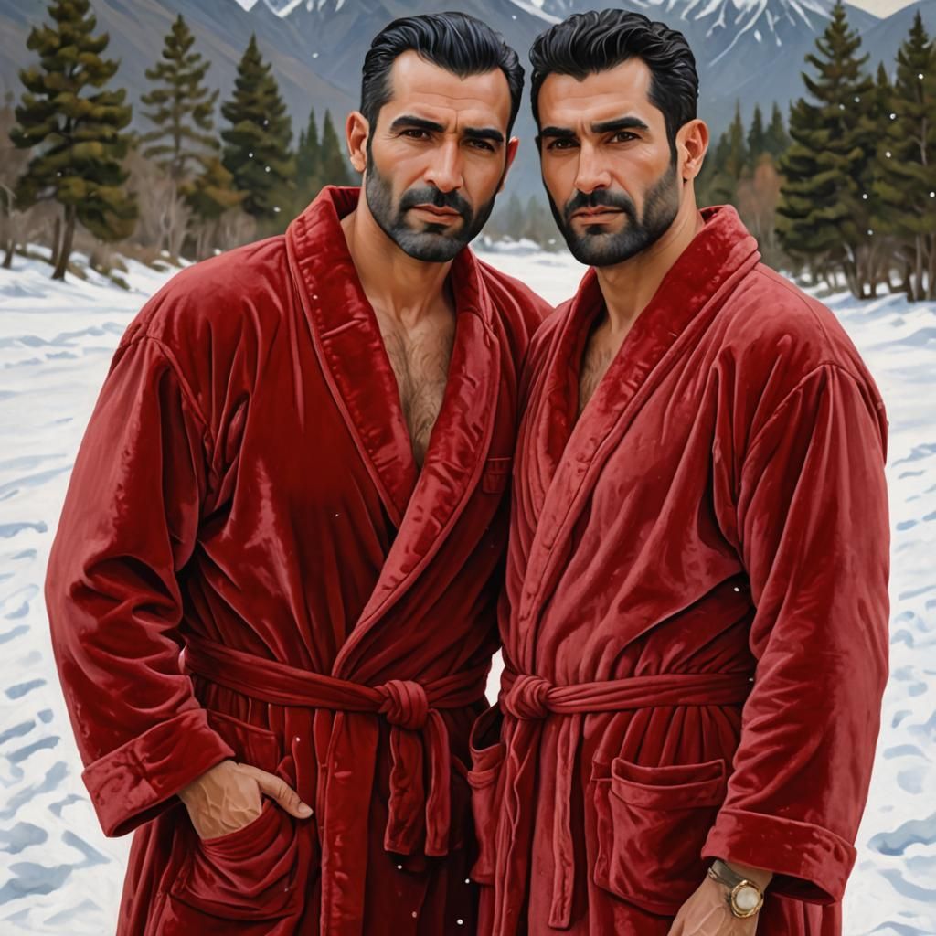 Gay Couple in Snowy Landscape as Impasto Oil Painting