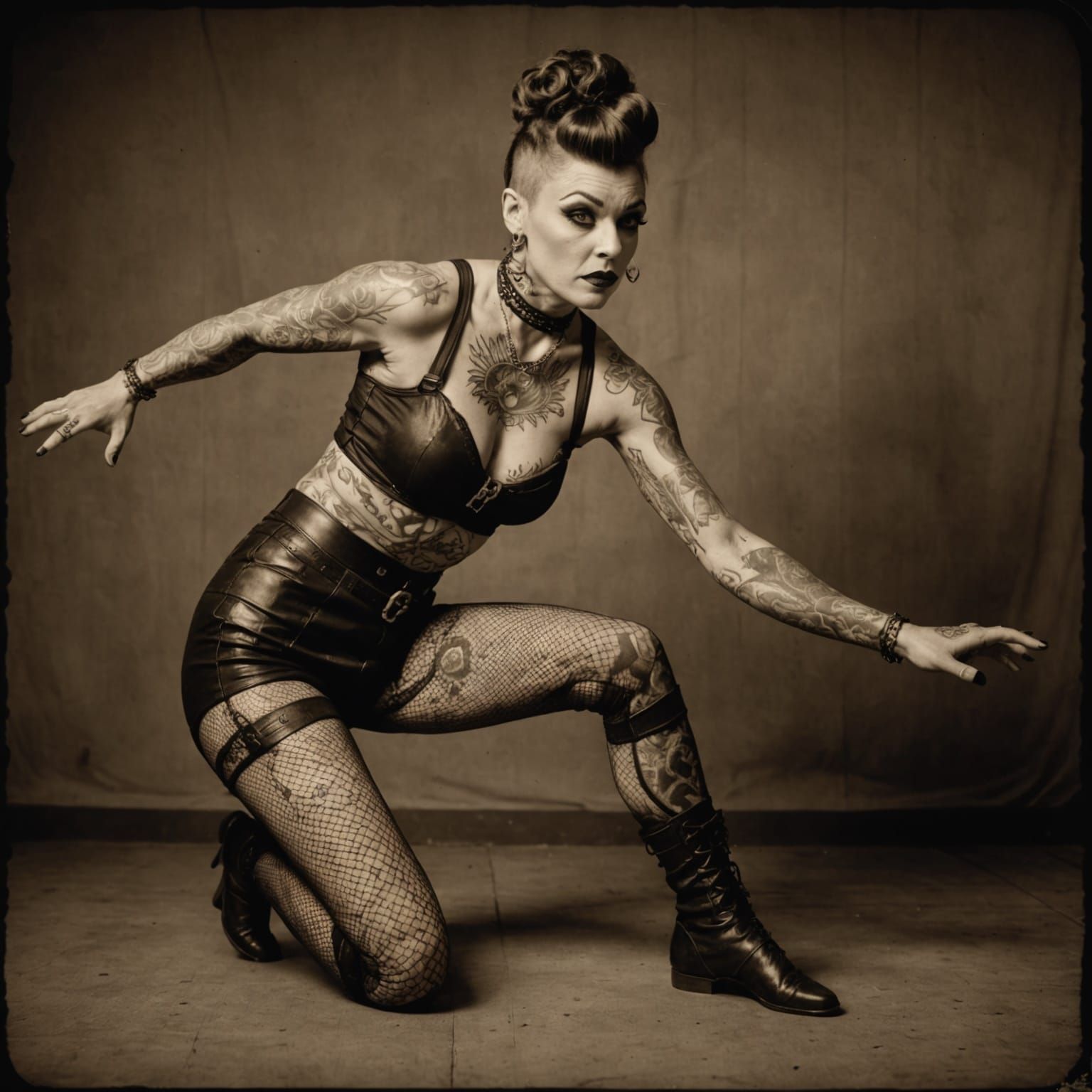 Vintage Sepia Photo of Tattooed Contortionist