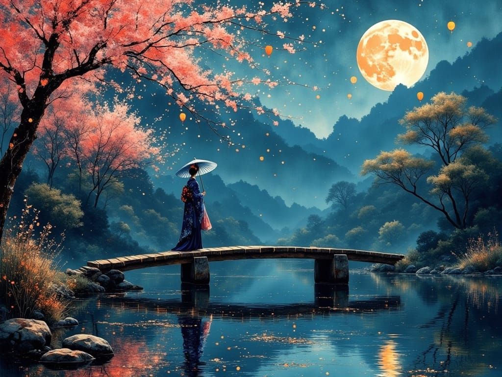 Dreamy Geisha on Vermilion Bridge, Surrounded by Cherry Blos...