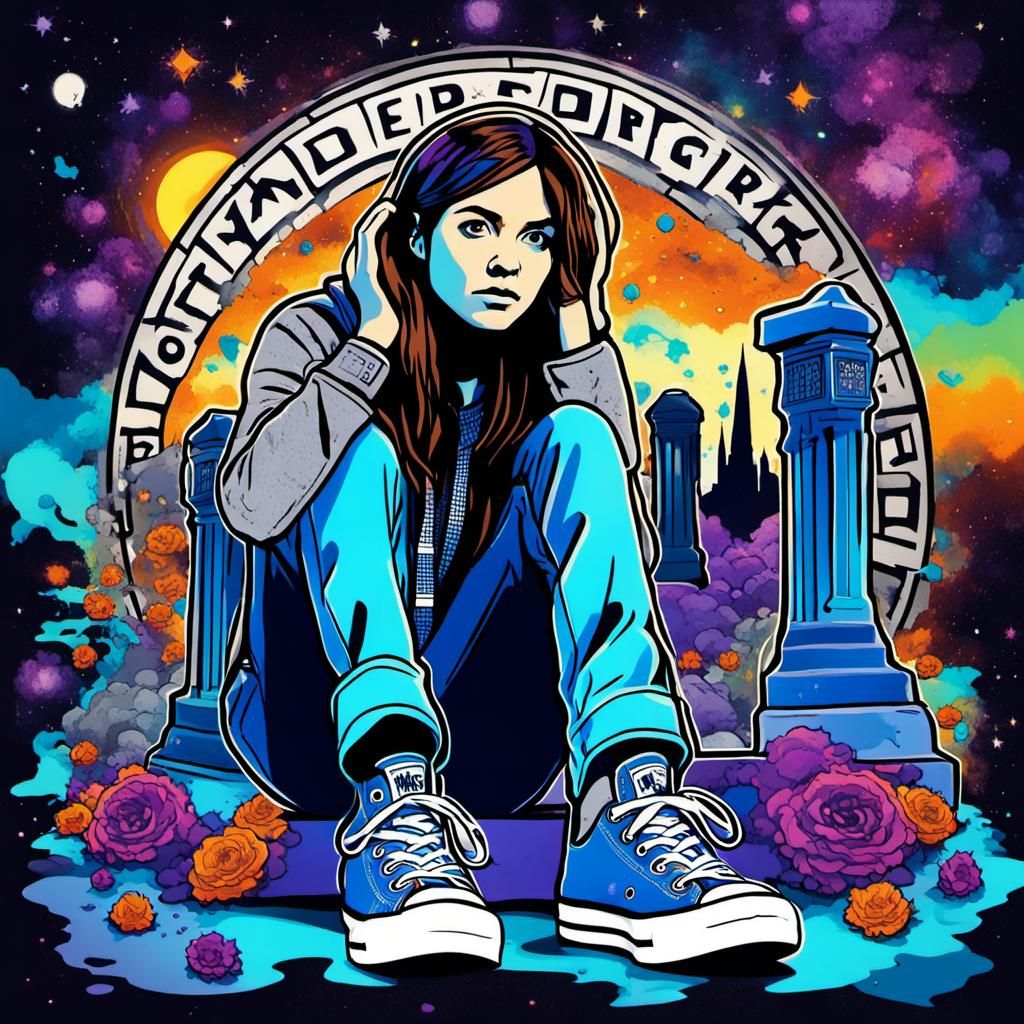 Grieving Woman at Bad Wolf Grave in Cosmic Art