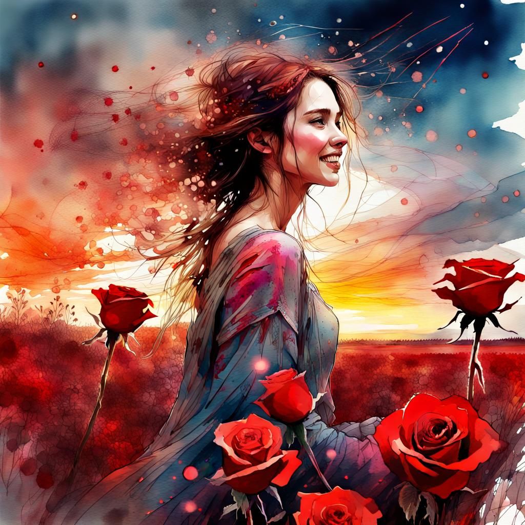 Beautiful Woman in Rose Field: Watercolor Art