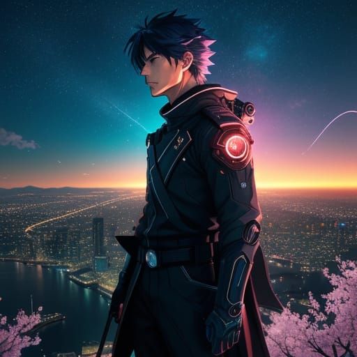 Hero Overlooks Neon City at Night in Anime Style